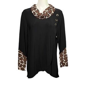 Ali Miles Slinky Black Tunic Top Size Large Brown Beige Trim Cowl Neck Lagenlook